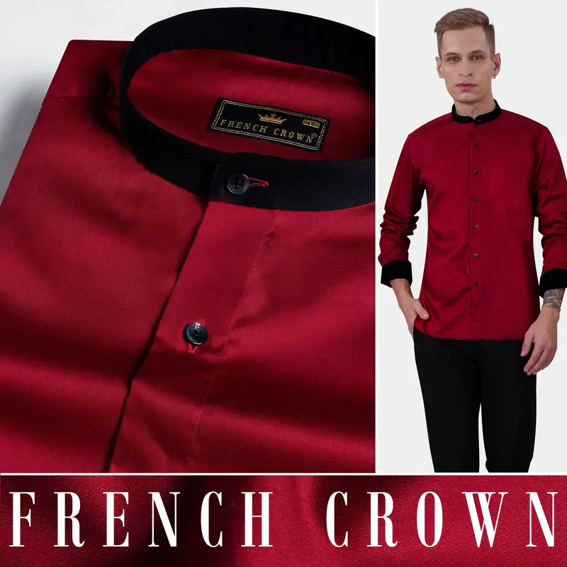 Bordeaux Red With Black Cuffs And Collar Subtle Sheen Super Soft Premium Cotton Shirt 5