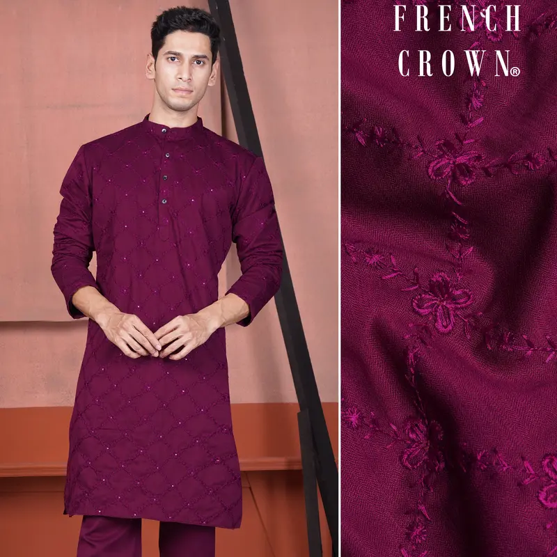 Bordeaux Wine Viscose Embroidered With Tikki Work Designer Kurta 1