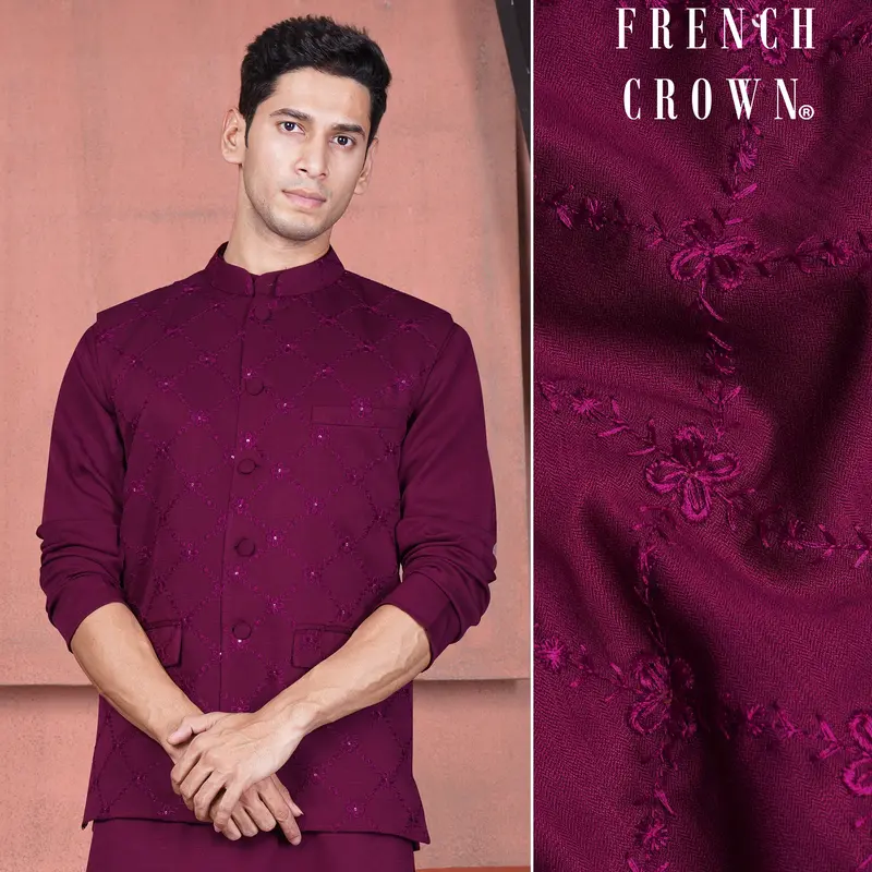 Bordeaux Wine Viscose Embroidered With Tikki Work Designer Nehru Jacket 1