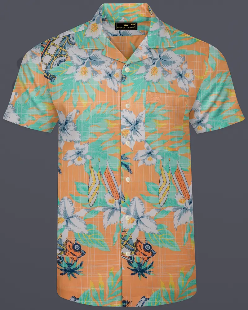 Botanira-Apricot Orange And Viridian Green Floral Printed Chambray Premium Cotton Shirt 1