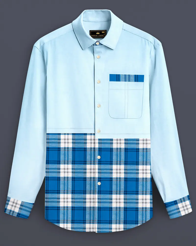 Botticelli Blue With Multi Colored Plaid Luxurious Linen Half And Half Designer Shirt 1