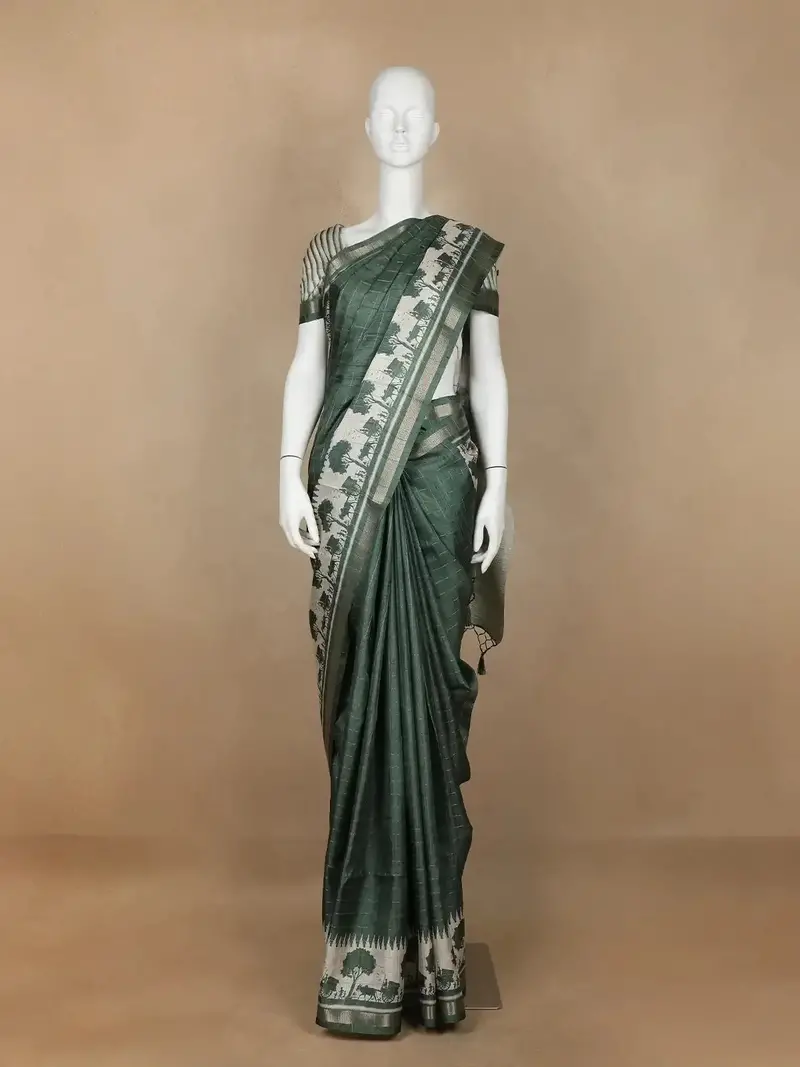 Bottle Green Abstract Designed Semi Tussar Silk Saree 1