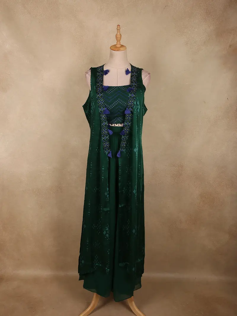 Bottle Green Abstract Embroidered Design Georgette Palazzo Suit With Long Coat 1