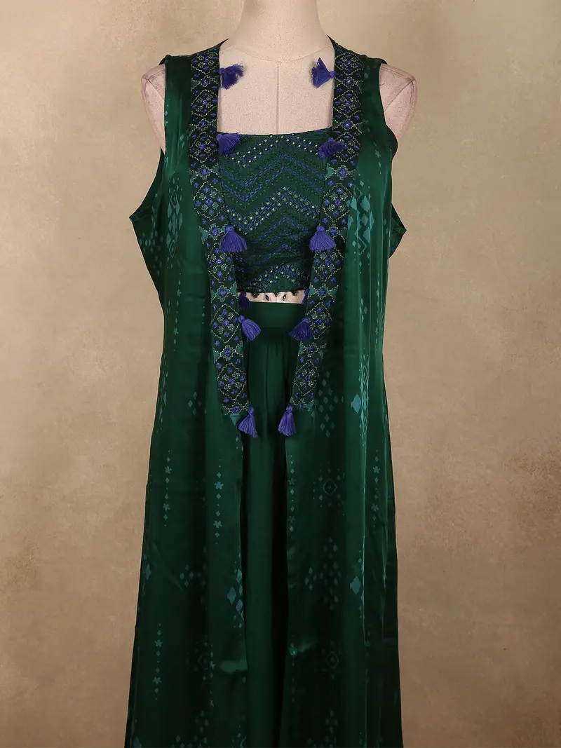 Bottle Green Abstract Embroidered Design Georgette Palazzo Suit With Long Coat 2