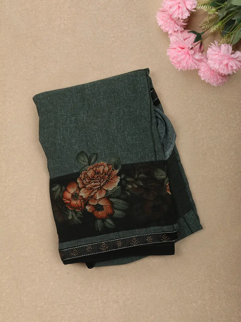 Bottle Green Abstract Printed Design Georgette Fancy Saree 1