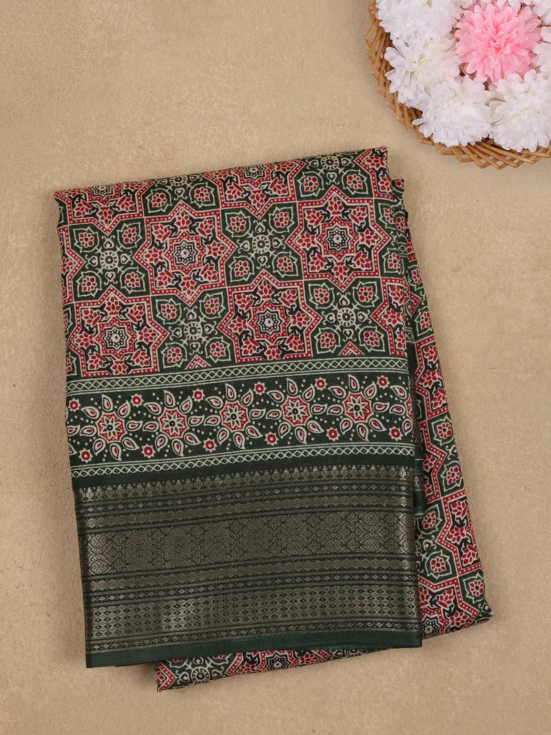 Bottle Green Ajrakh Printed Cotton Saree With Zari Border 1