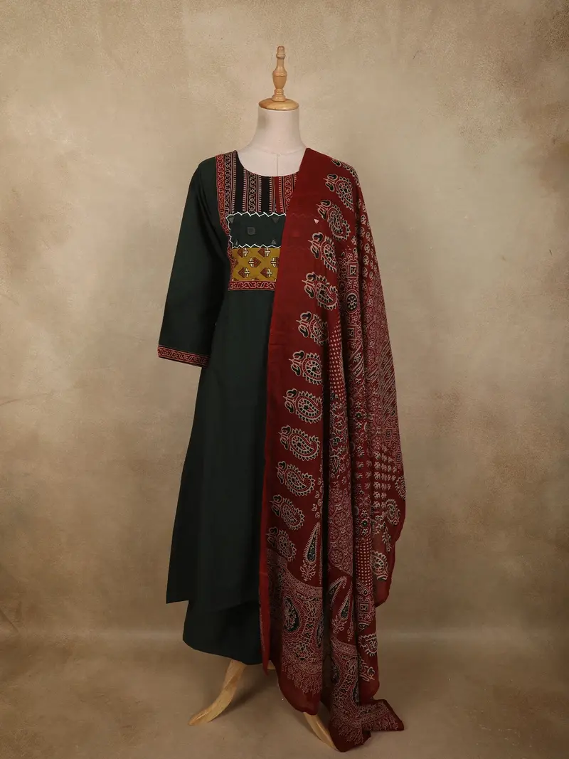 Bottle Green Ajrakh Printed Design Cotton Palazzo Suit With Dupatta 1