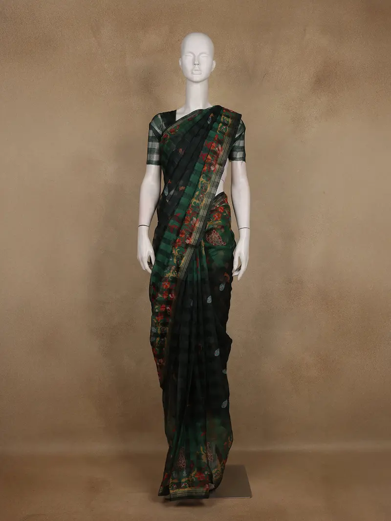 Bottle Green And Black Checked Floral Design Cotton Saree 1