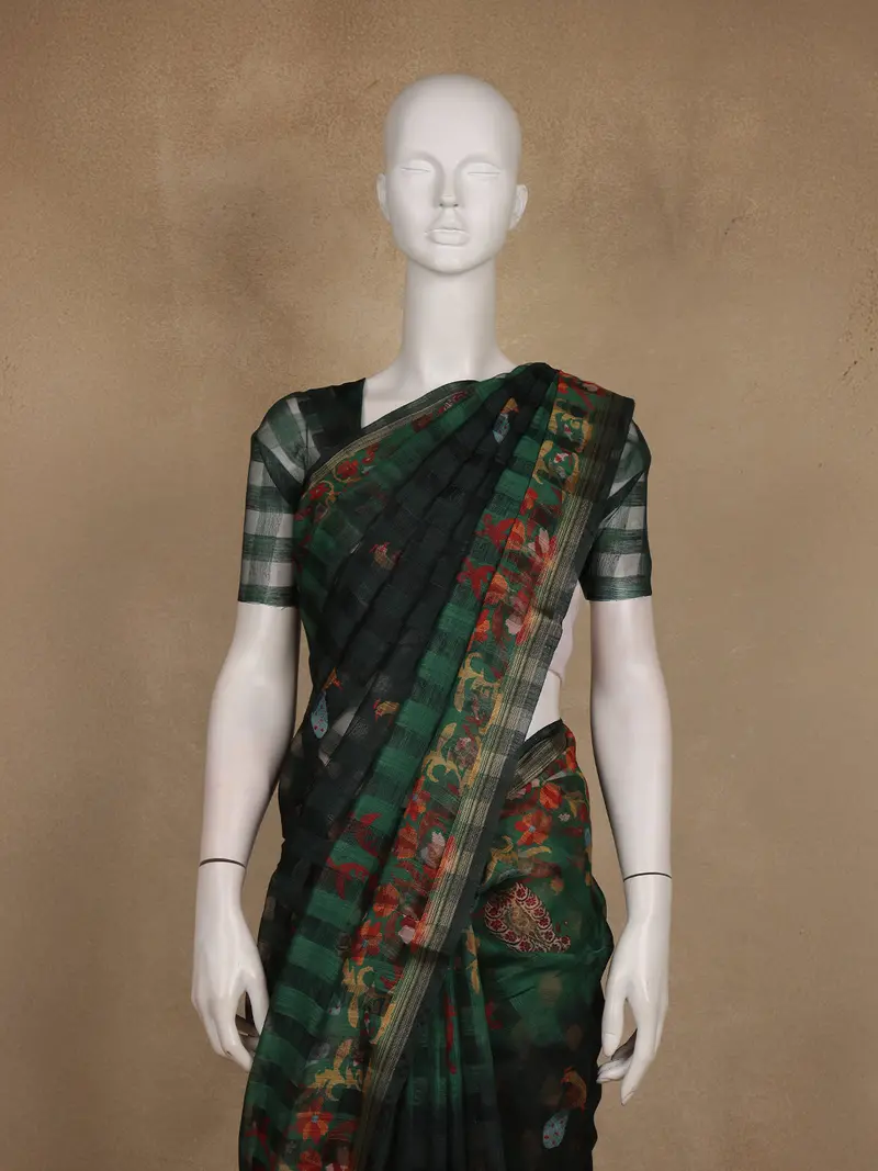 Bottle Green And Black Checked Floral Design Cotton Saree 2