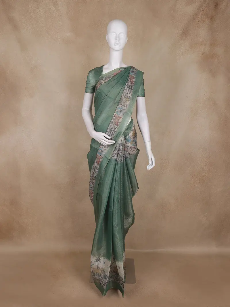 Bottle Green Animal Motif Design Tissue Silk Saree With Zari Border 1
