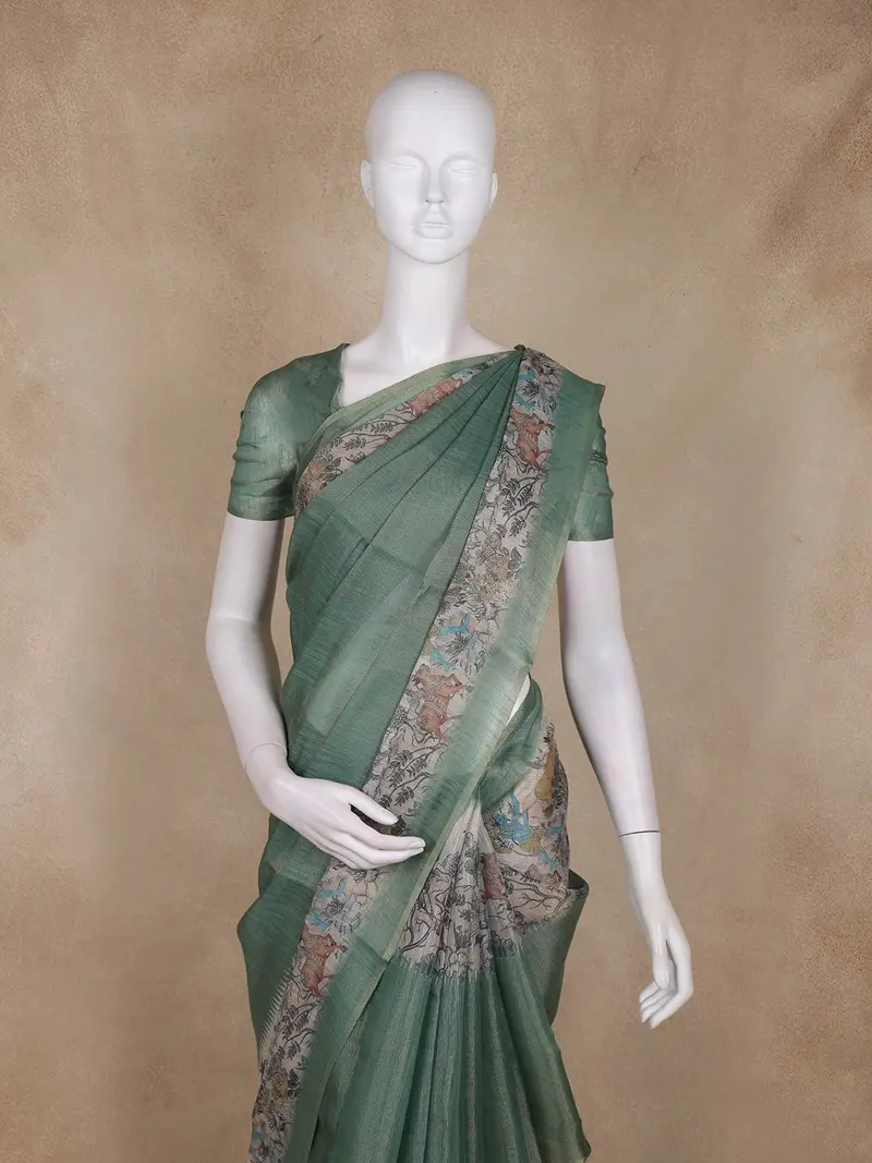 Bottle Green Animal Motif Design Tissue Silk Saree With Zari Border 2
