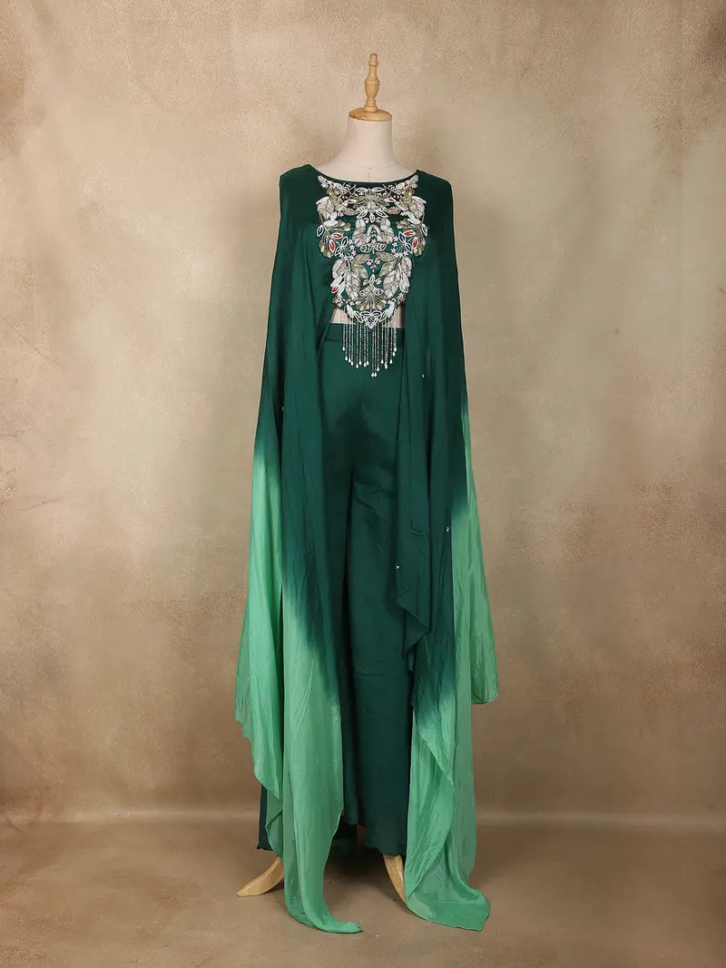 Bottle Green Beads And Stones Embroidered Design Chiffon Crop Top With Palazzo Suit 1