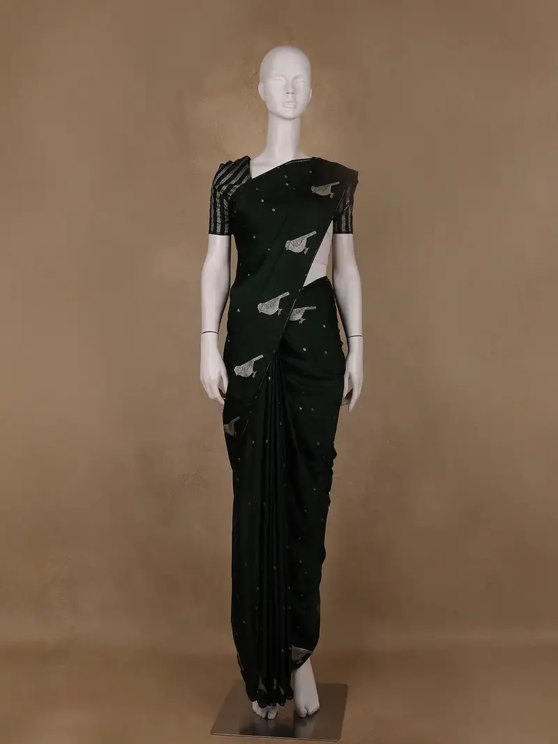 Bottle Green Bird Design Tussar Silk Saree 1