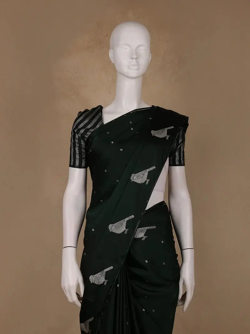 Bottle Green Bird Design Tussar Silk Saree 2
