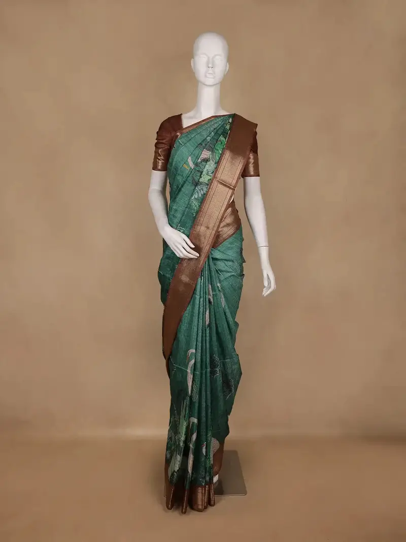 Bottle Green Bird & Leaf Printed Semi Tussar Saree With Contrast Border 1