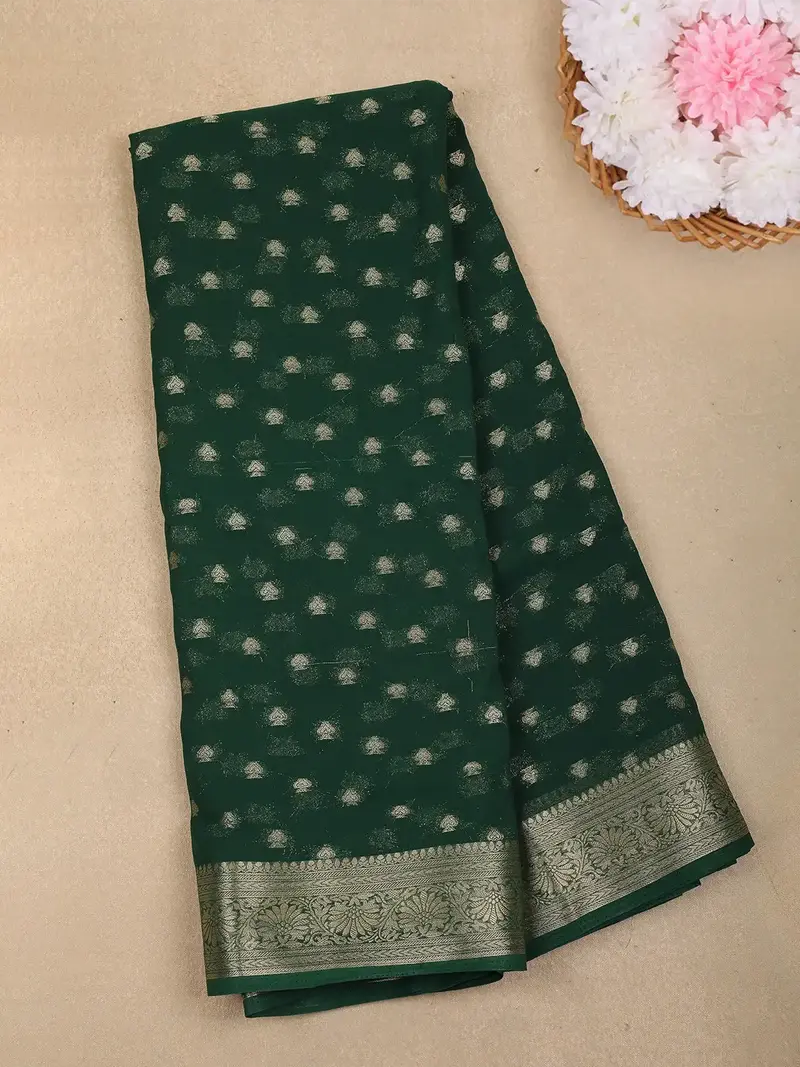 Bottle Green Butta Design Chiffon Saree 1