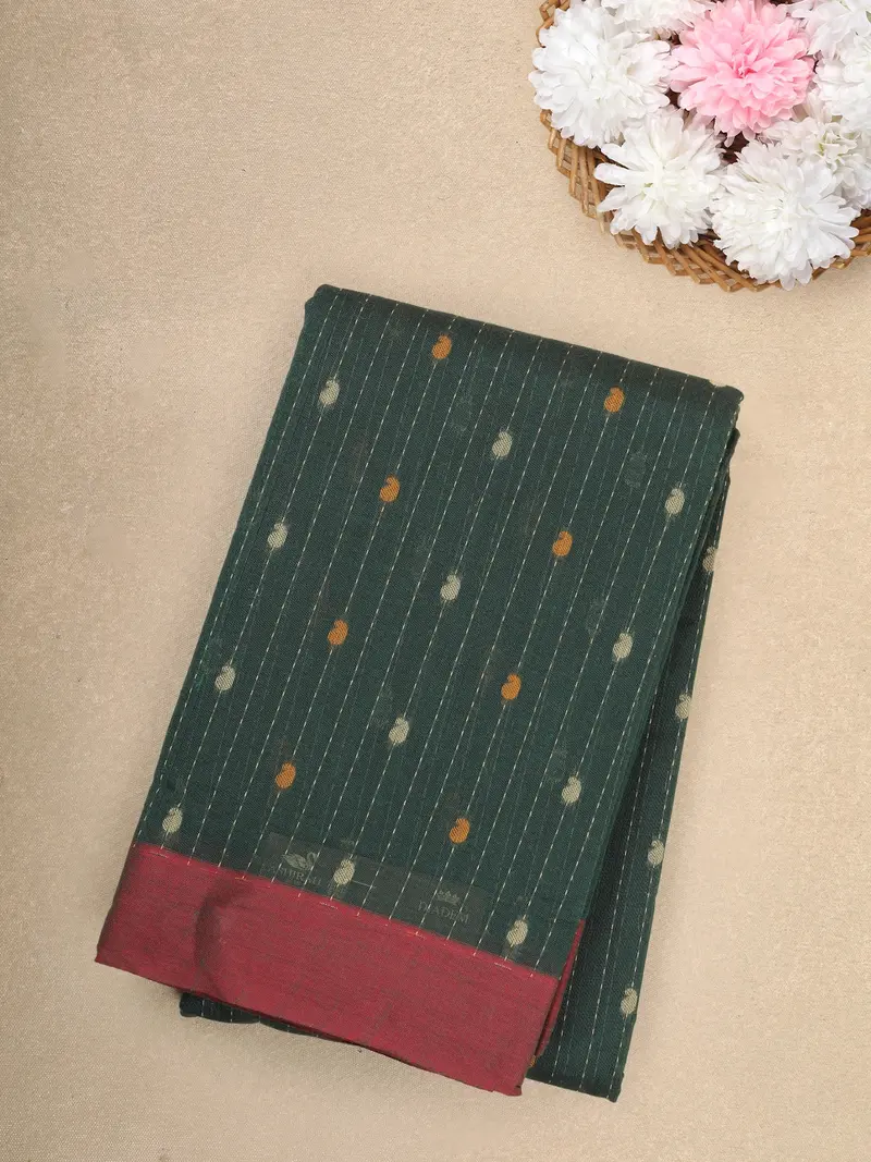 Bottle Green Butta Design Cotton Saree With Maroon Border 1