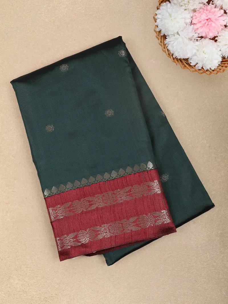 Bottle Green Butta Design Soft Silk Fancy Wear Saree With Contrast Zari Border 1