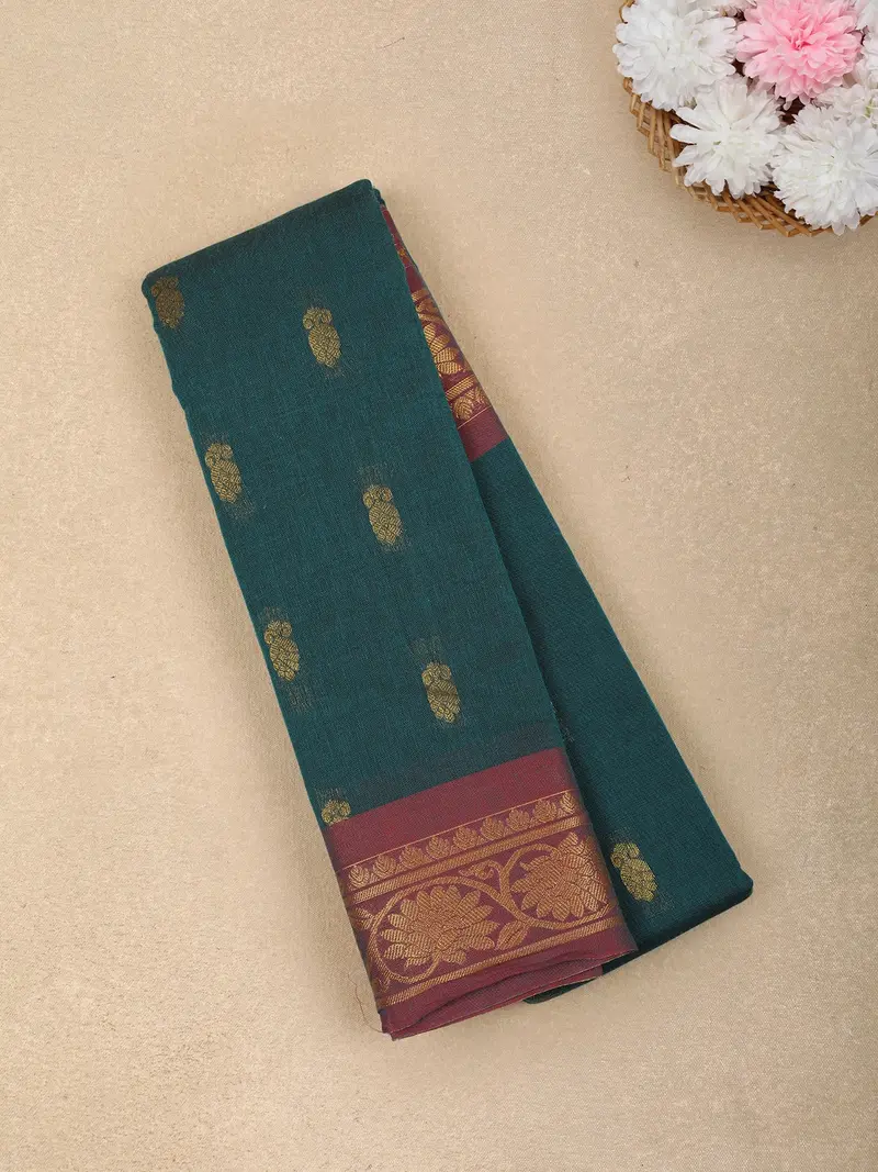 Bottle Green Butta Woven Design Cotton Saree With Contrast Border 1