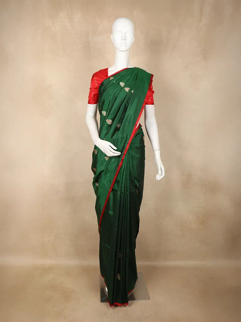 Bottle Green Butta Woven Design Pure Banarasi Saree With Contrast Red Border 1