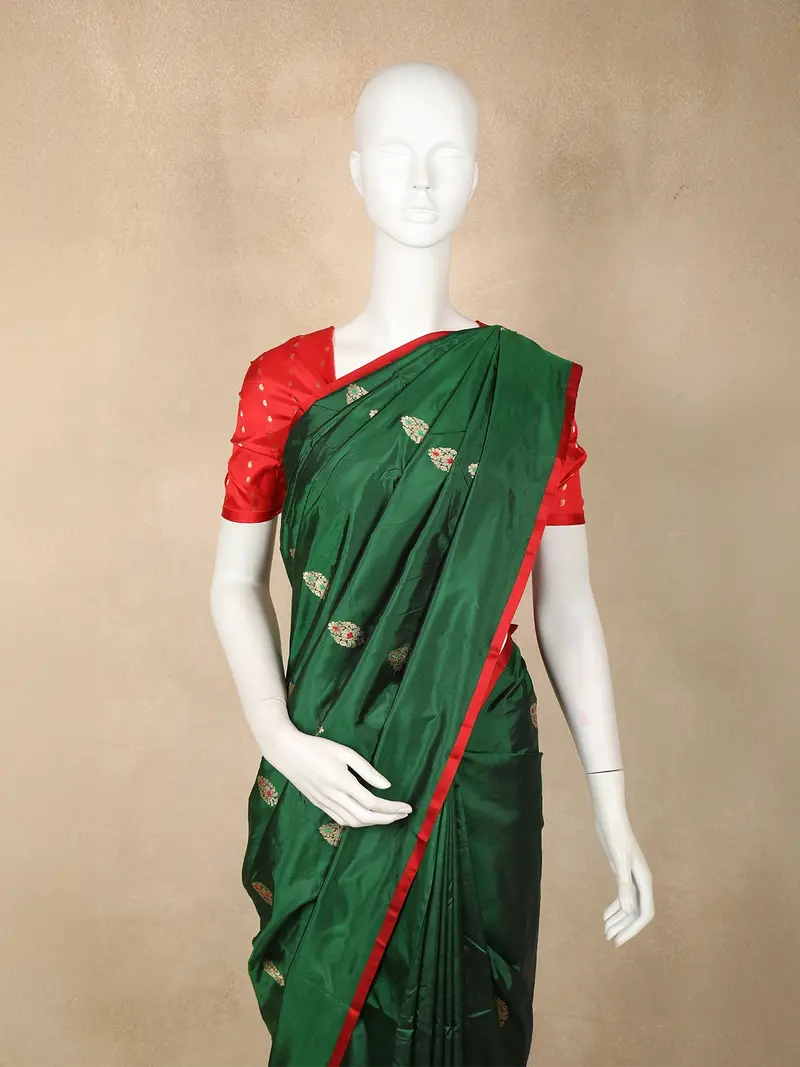 Bottle Green Butta Woven Design Pure Banarasi Saree With Contrast Red Border 2