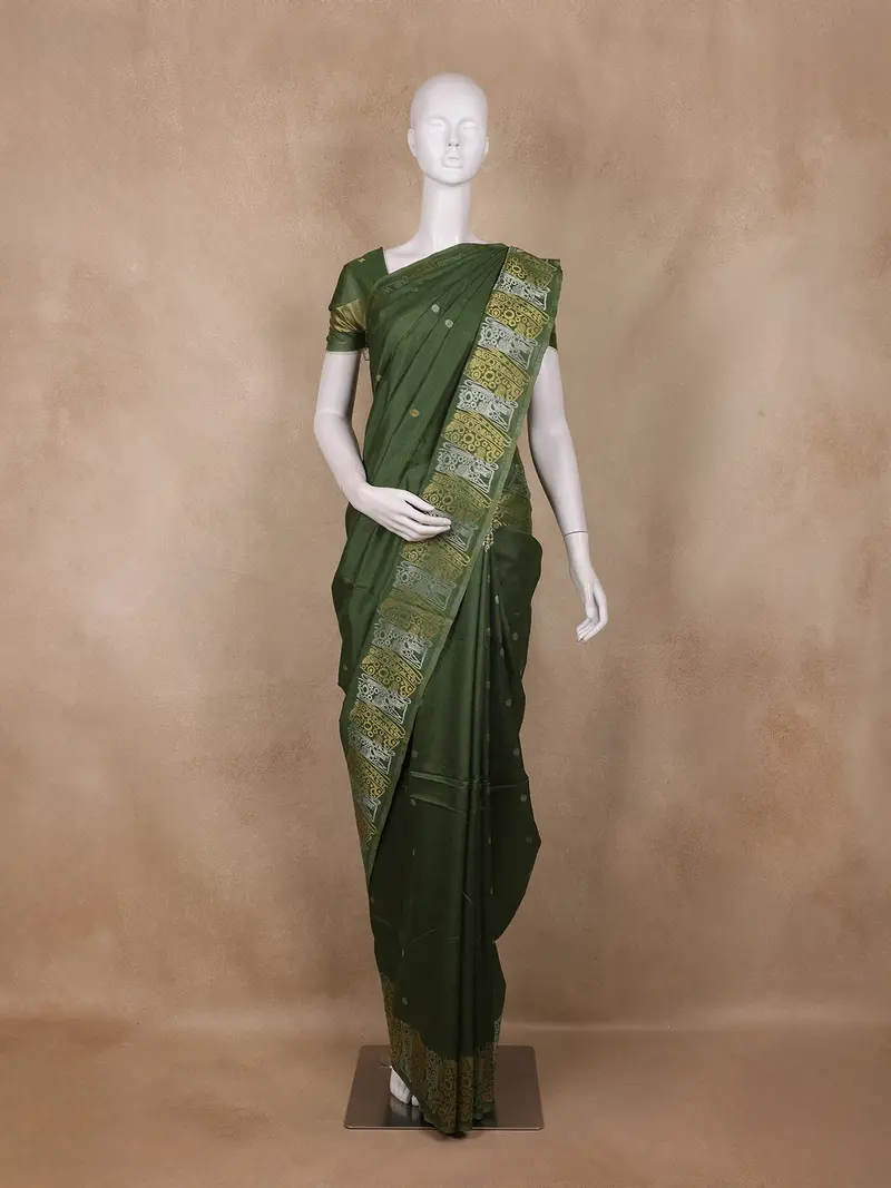 Bottle Green Butta Woven Design Semi Tussar Saree With Zari Border 1