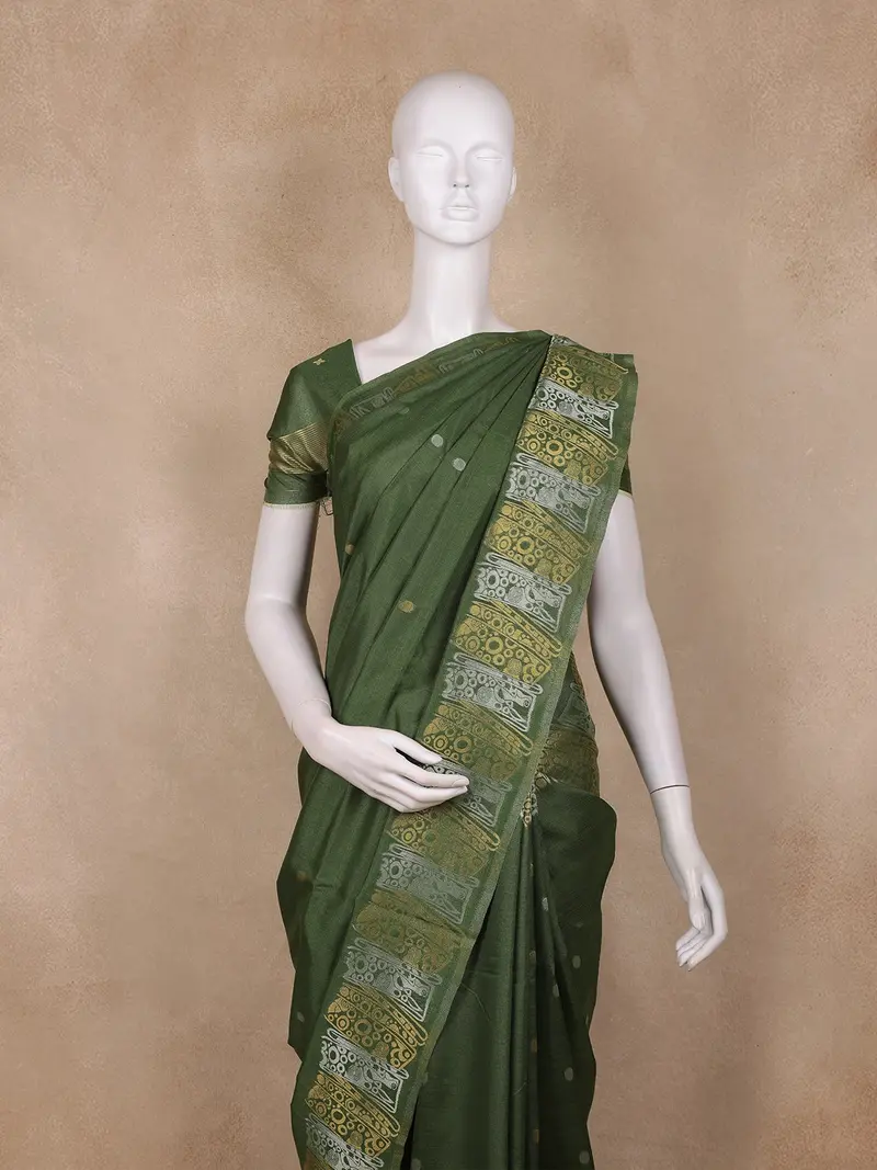 Bottle Green Butta Woven Design Semi Tussar Saree With Zari Border 2