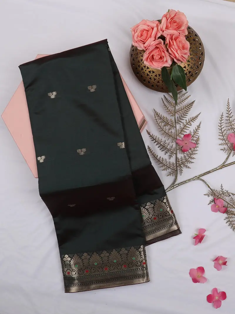 Bottle Green Butta Woven Design Soft Silk Saree With Silver Zari Floral Border 1