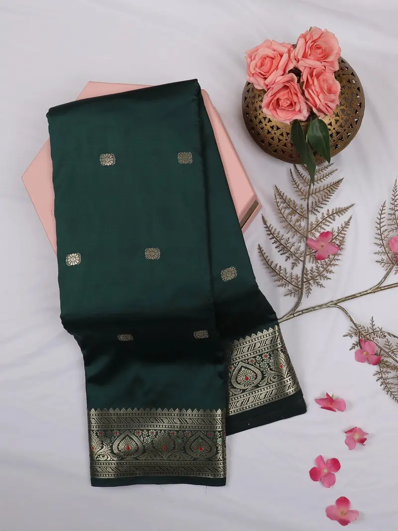 Bottle Green Butta Woven Design Soft Silk Saree With Silver Zari Floral Border 1