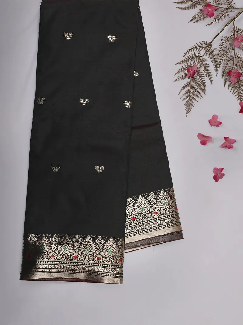 Bottle Green Butta Woven Design Soft Silk Saree With Silver Zari Floral Border 2