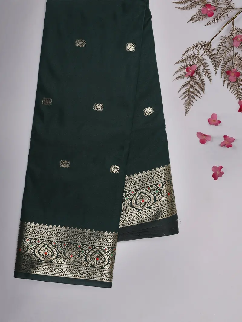 Bottle Green Butta Woven Design Soft Silk Saree With Silver Zari Floral Border 2