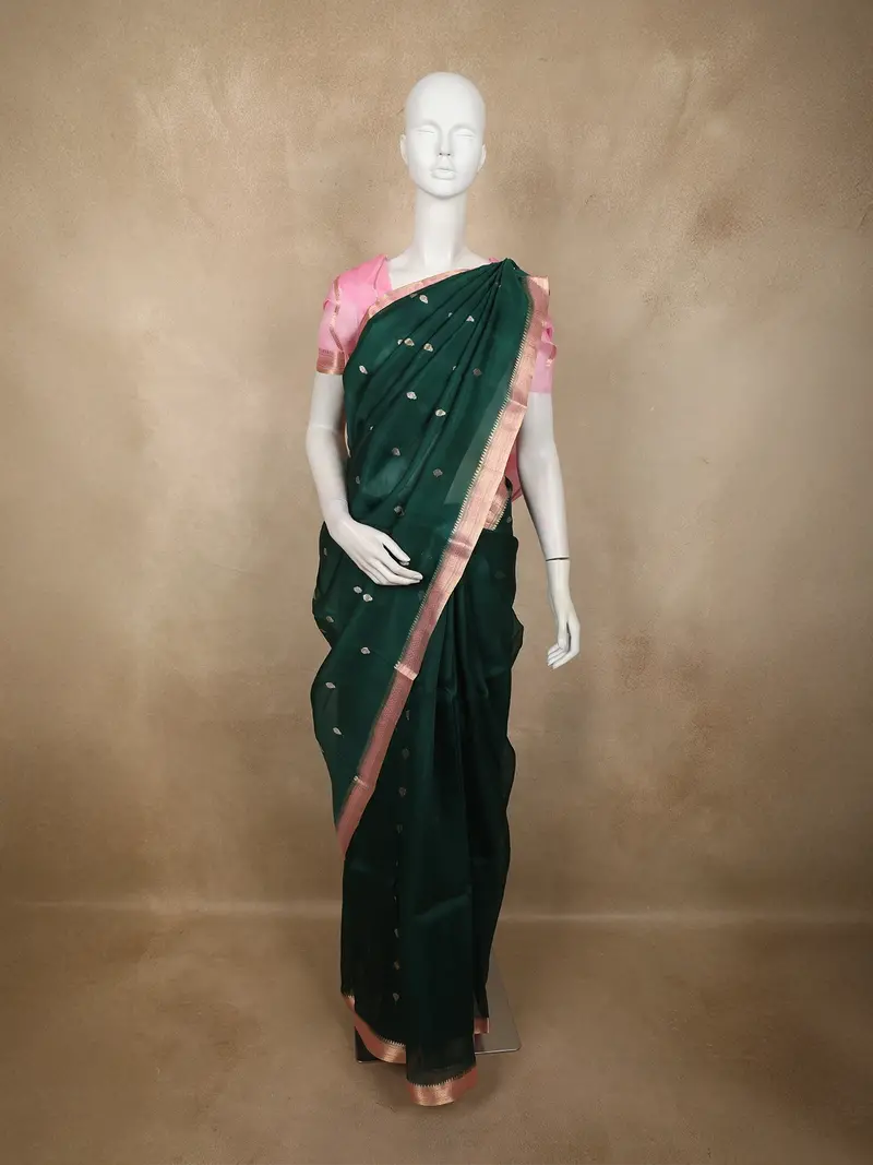 Bottle Green Butta Zari Woven Design Pure Banarasi Silk Saree With Contrast Zari  Border 1
