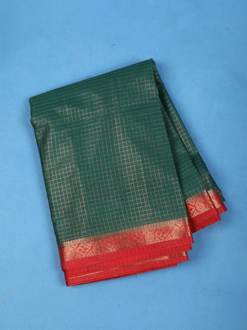Bottle Green Checked Mysore Silk Saree With Red Zari Border 1