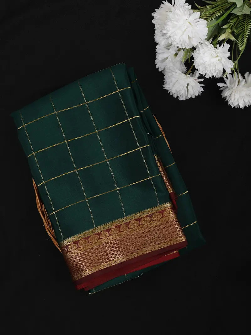 Bottle Green Checked Woven Design Mysore Silk Designer Saree With Contrast Zari Border 1