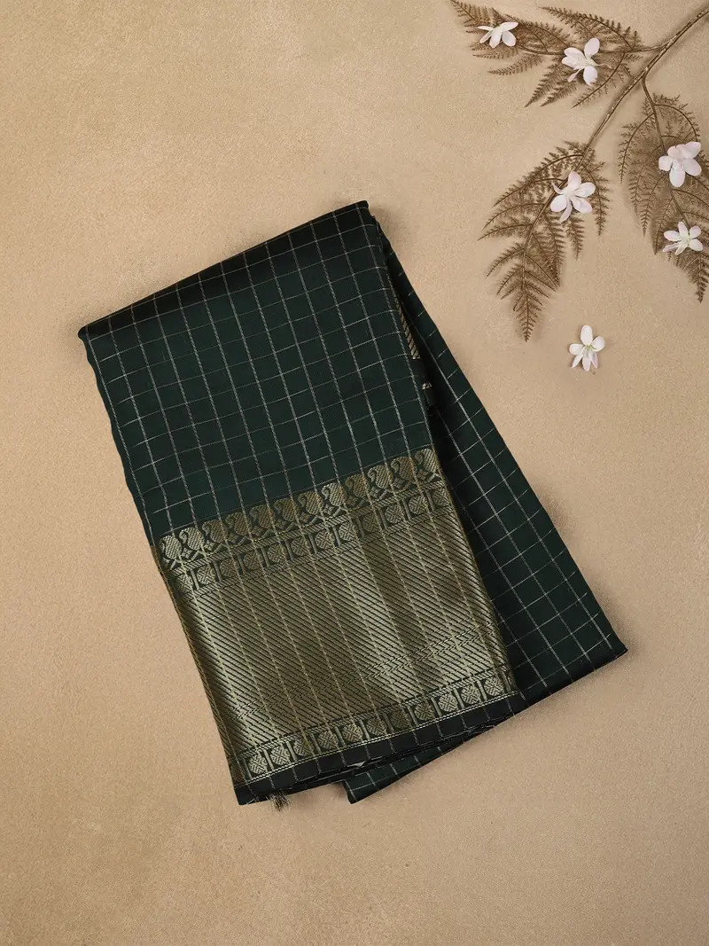 Bottle Green Checked Woven Design Soft Silk Fancy Saree 1