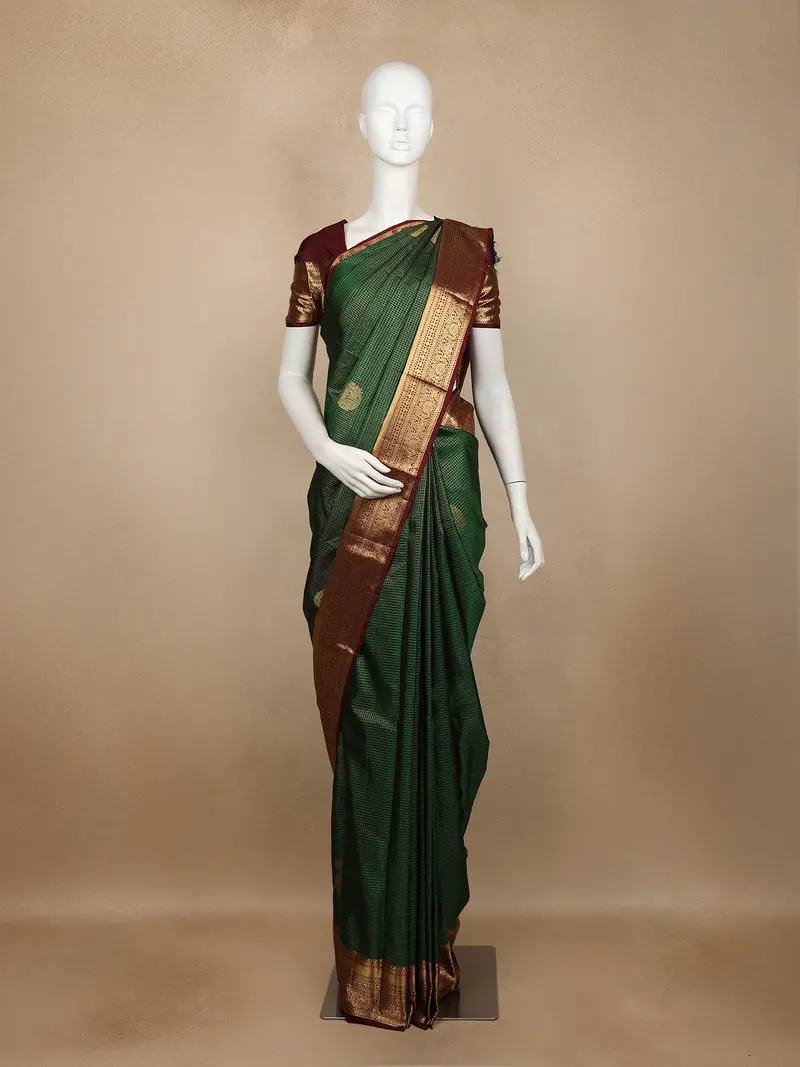 Bottle Green Checked Woven Pure Kanchipuram Silk Saree With Contrast Zari Border 1