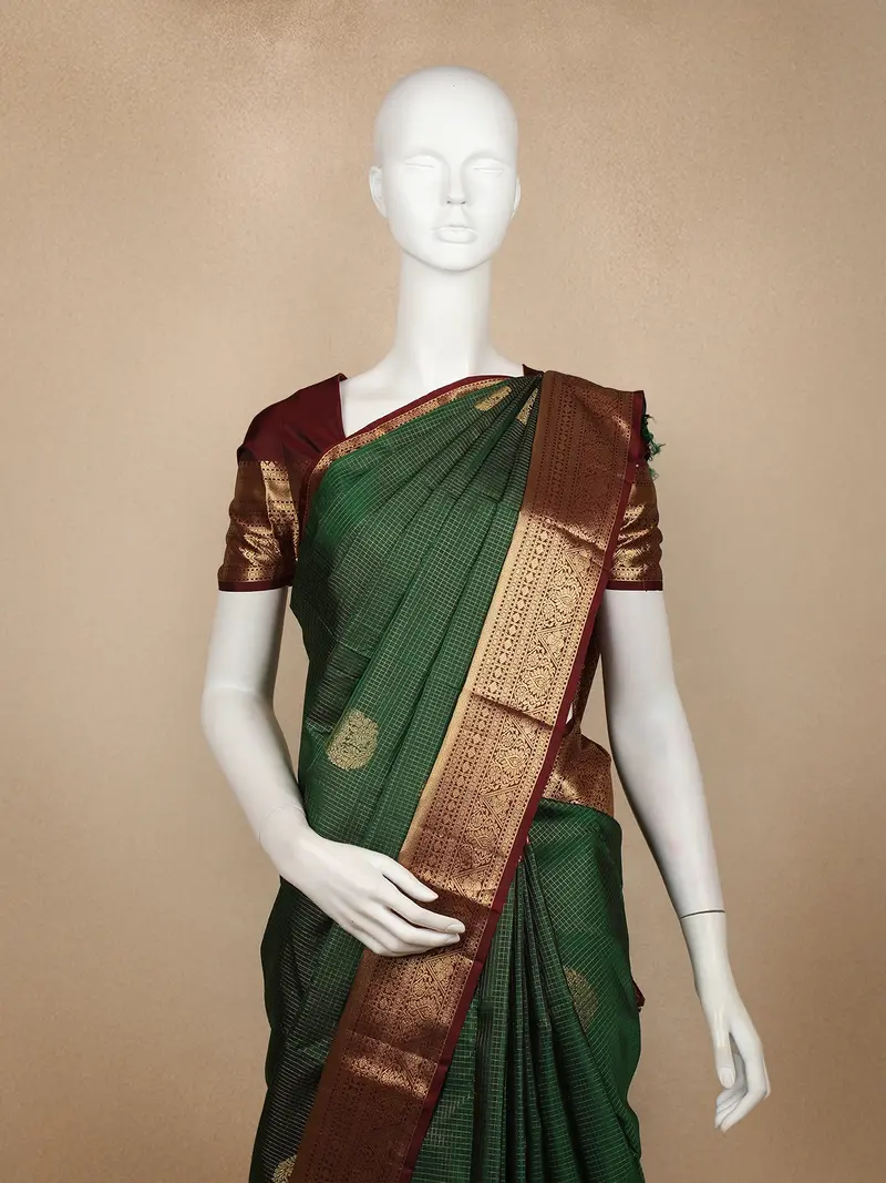 Bottle Green Checked Woven Pure Kanchipuram Silk Saree With Contrast Zari Border 2