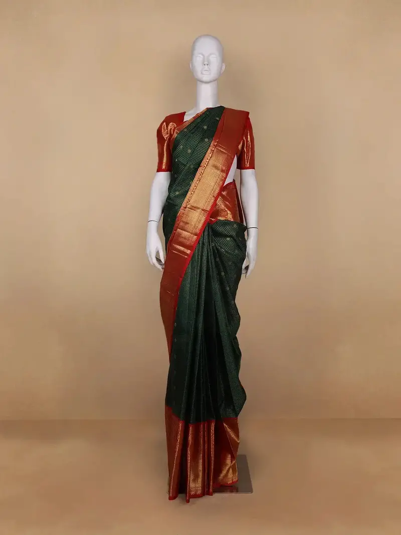 Bottle Green Checks And Floral Butta Pure Kanchipuram Silk Saree 1