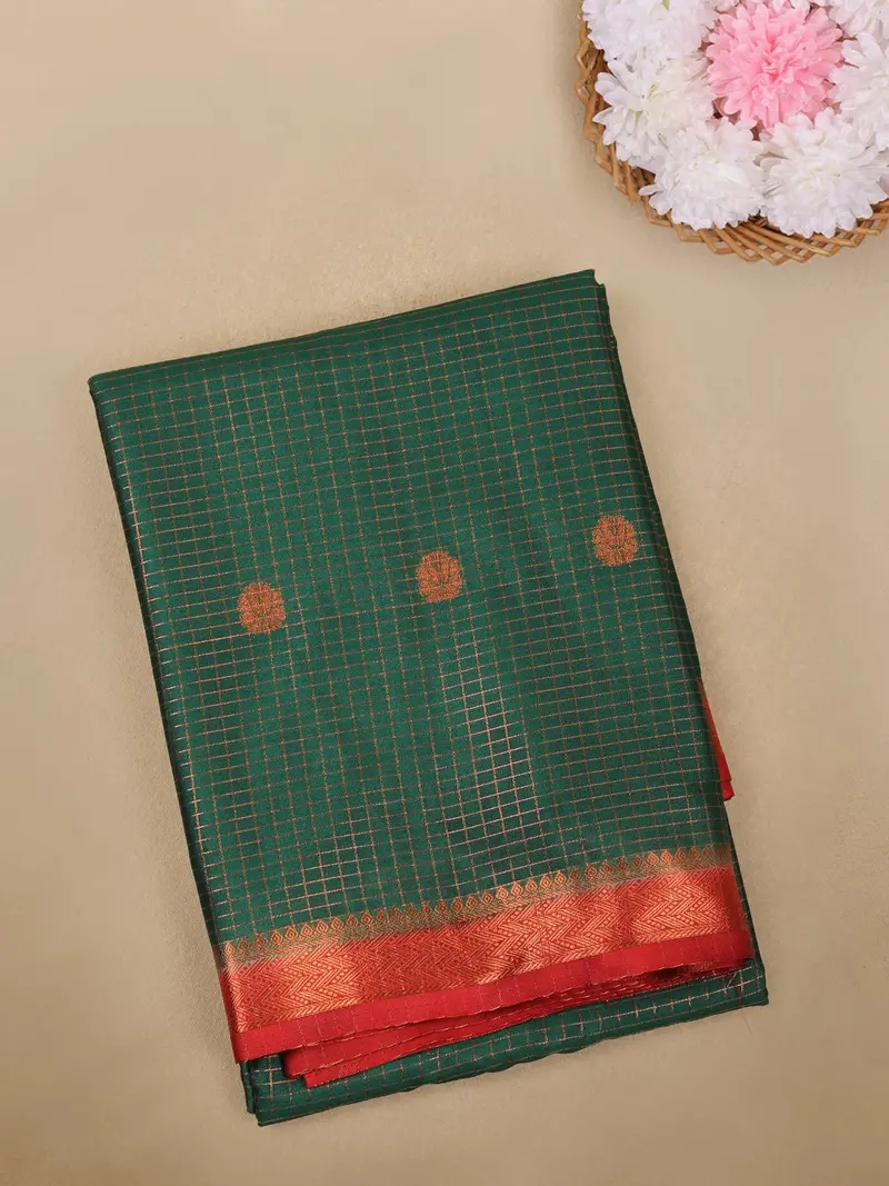 Bottle Green Checks Woven Design Mysore Silk Saree With Contrast Red Border 1