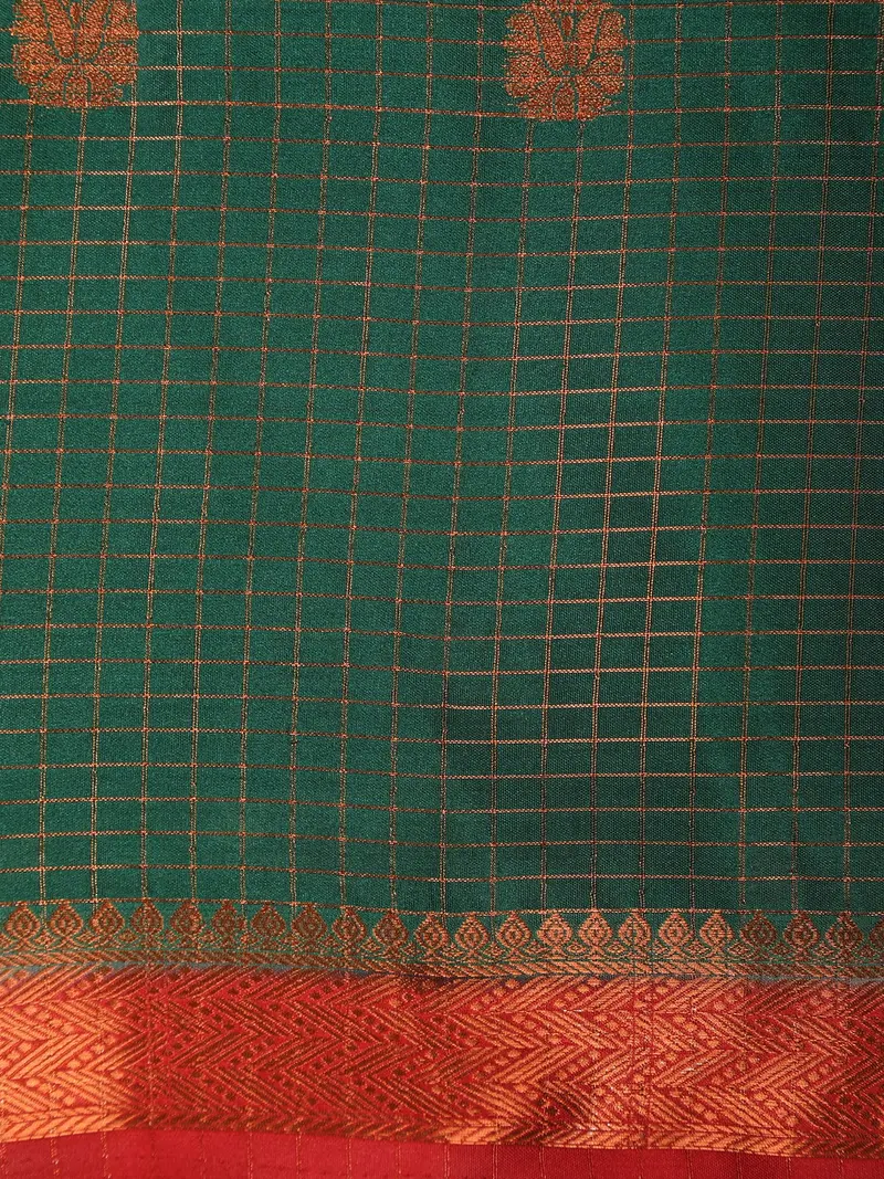 Bottle Green Checks Woven Design Mysore Silk Saree With Contrast Red Border 2