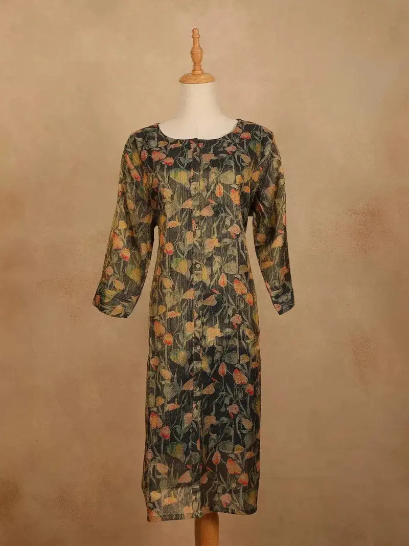 Bottle Green Cotton Kurti Top Adorned With Leaf And Floral Design Prints Without Dupatta 1