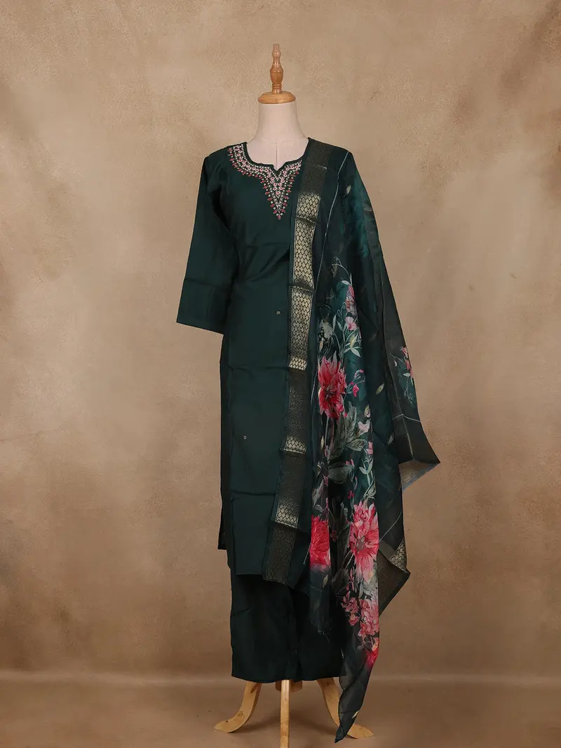 Bottle Green Embroidered Cotton Salwar Suit With Floral Dupatta 1