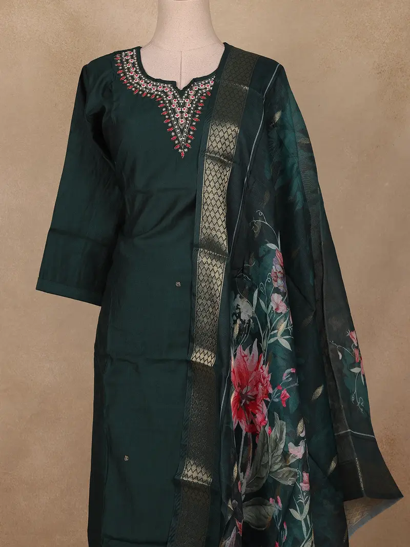 Bottle Green Embroidered Cotton Salwar Suit With Floral Dupatta 2