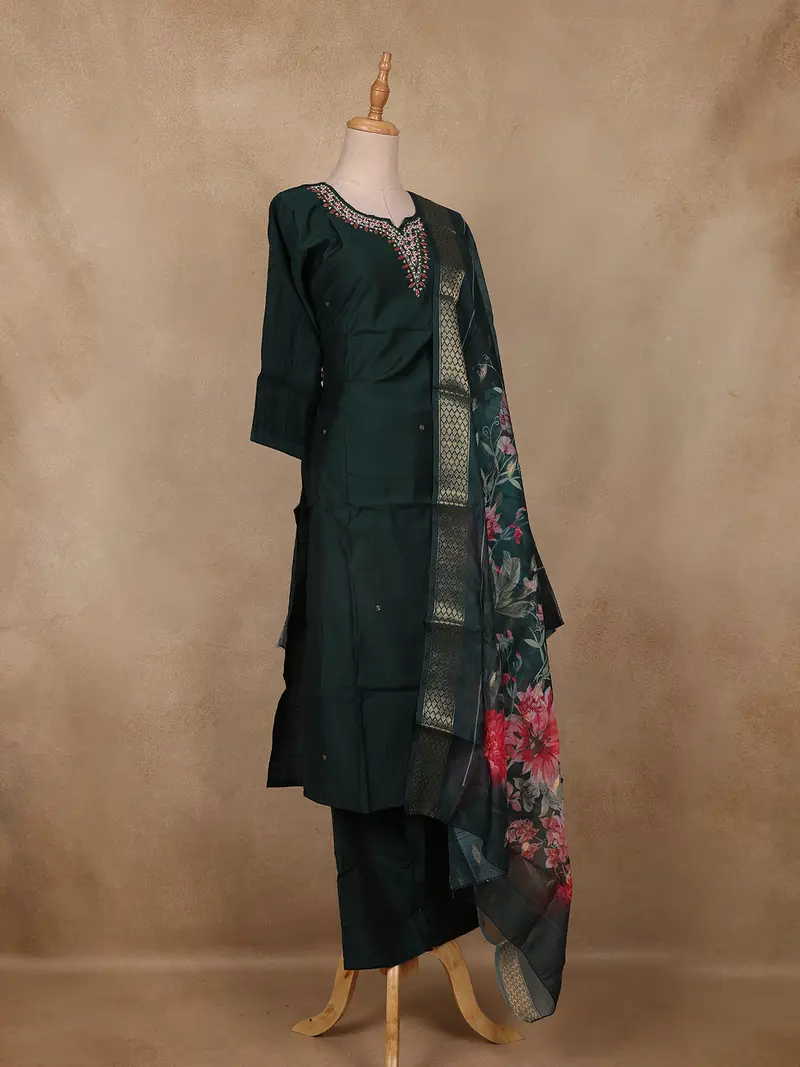 Bottle Green Embroidered Cotton Salwar Suit With Floral Dupatta 3