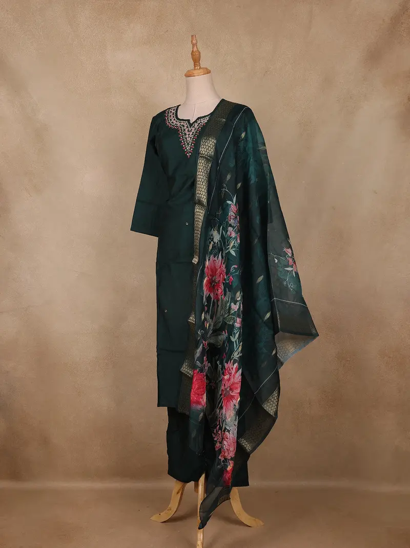 Bottle Green Embroidered Cotton Salwar Suit With Floral Dupatta 4