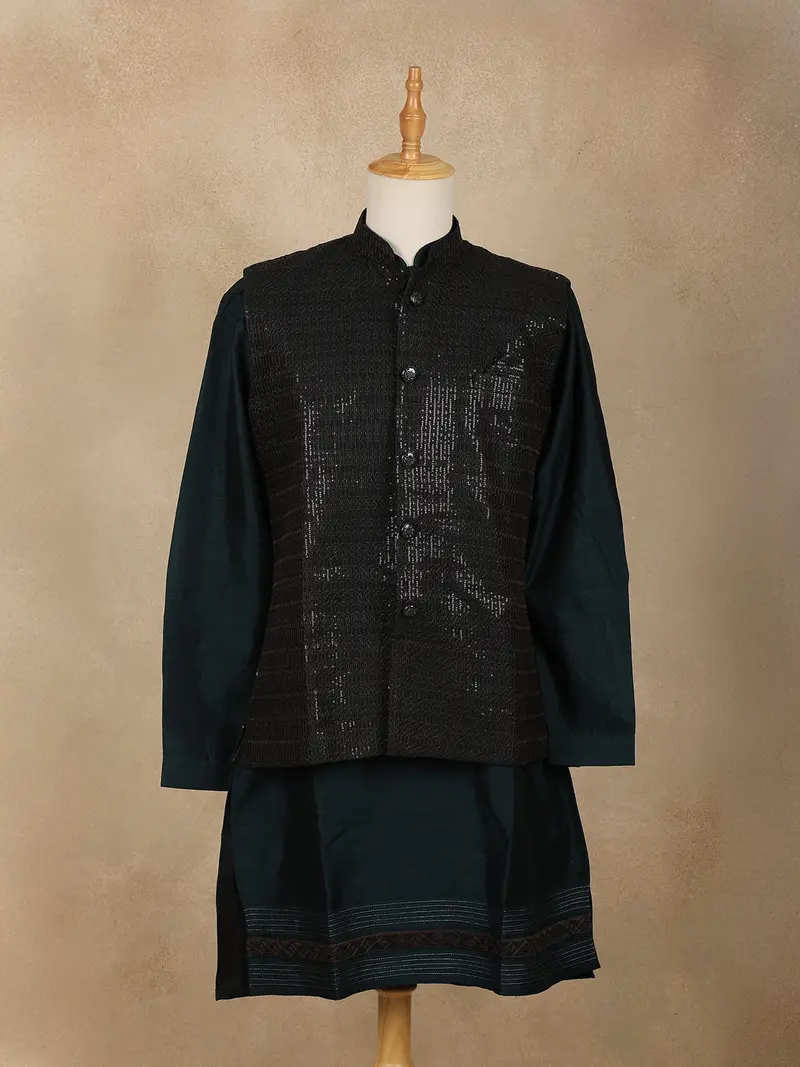 Bottle Green Embroidered Design Semi Silk Kurta Set 1