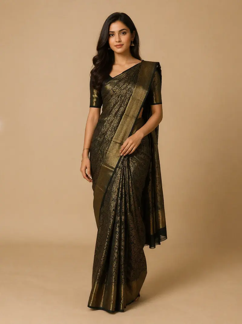 Bottle Green Floral Brocade Woven Pure Kanchipuram Silk Saree With Zari Border 1