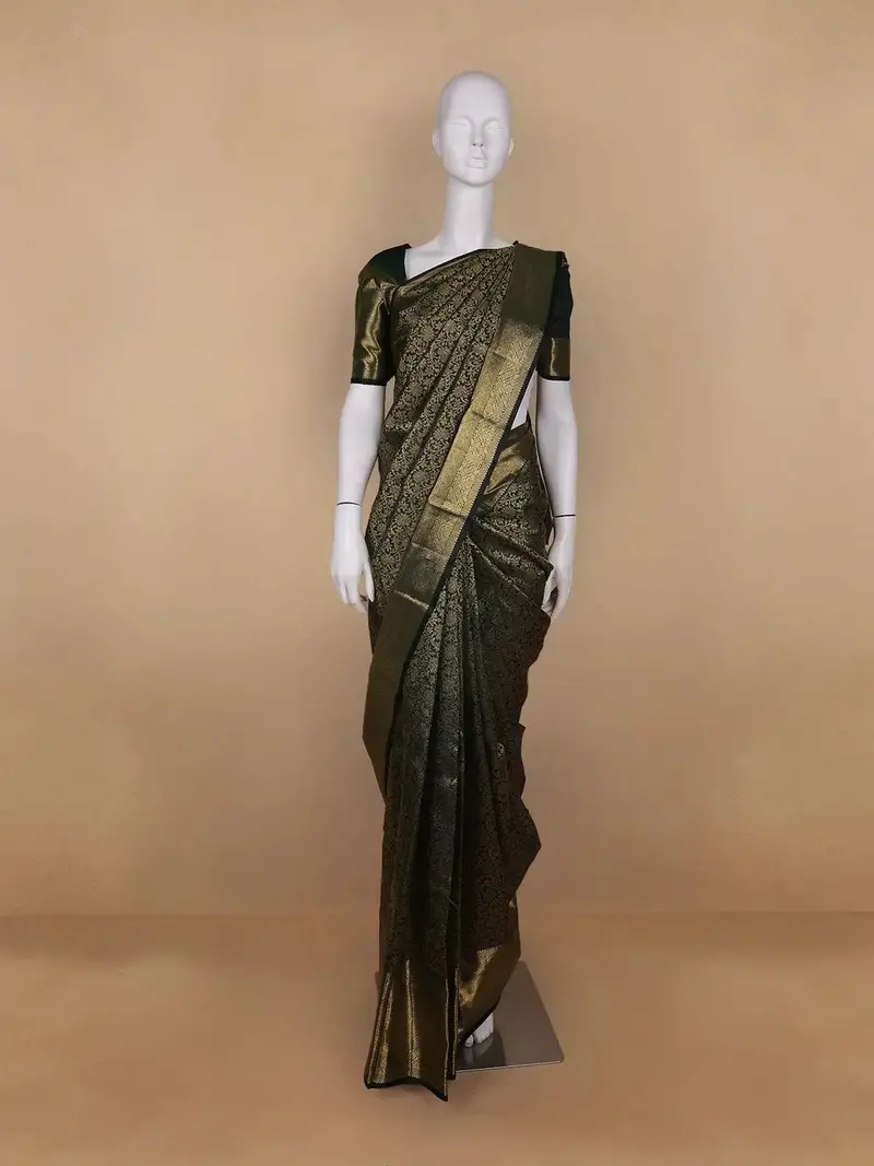 Bottle Green Floral Brocade Woven Pure Kanchipuram Silk Saree With Zari Border 2