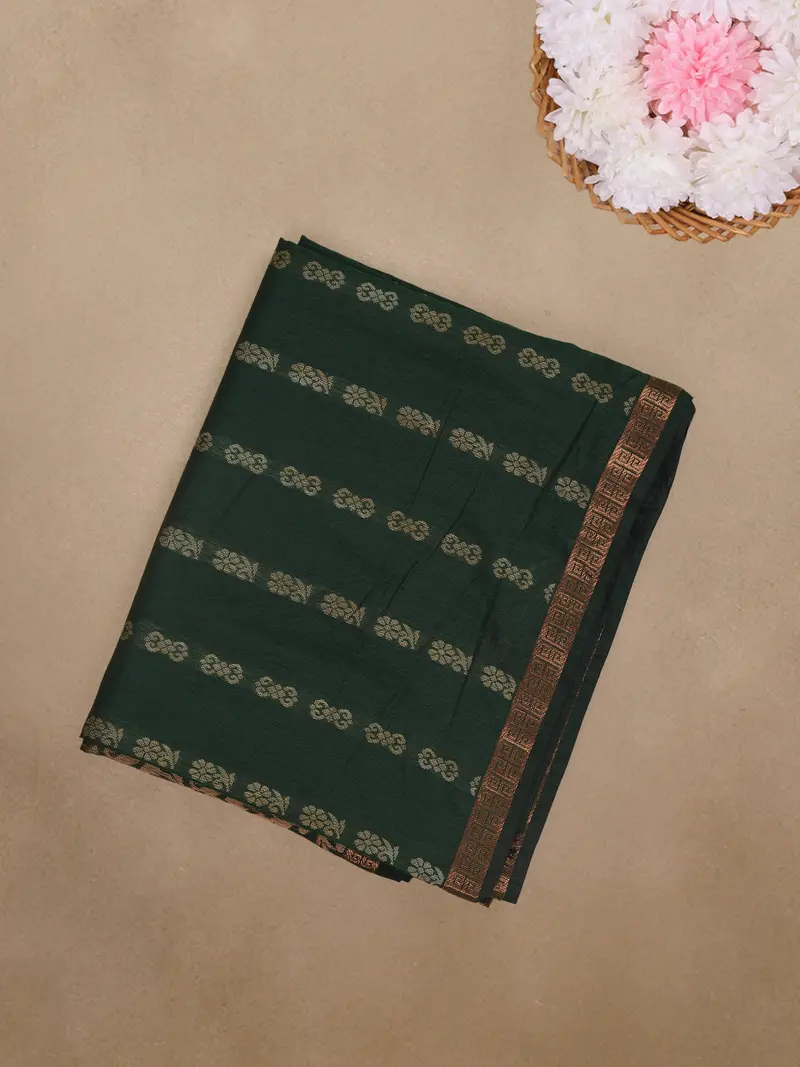 Bottle Green Floral Butta Design Cotton Saree 1