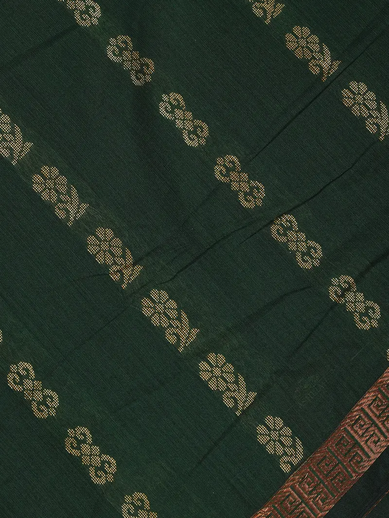 Bottle Green Floral Butta Design Cotton Saree 2